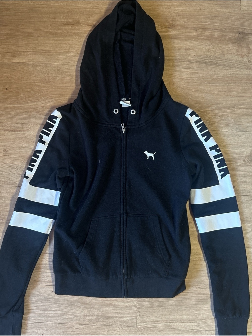 PINK Victoria's Secret Black Zip-Up Hoodie with White Sleeve Stripes
